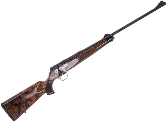 Picture of Blaser R8 Luxus Edition Straight Pull Bolt Action Rifle - 300 Win Mag, Sliver Receiver w/ Moose And Bear Engraving, Grade 4 Wood Stock w/Bavarian Cheek Piece & Double Rabbet & Black Synthetic Forearm Tip, w/Sights, Leather Sling, And Case,