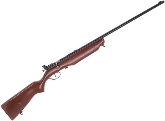 Picture of Used Cooey 75 Single Shot Bolt Action Rifle -  22 LR, Blued, Wood Stock, Some Pitting on Barrel, Scratches on Stock, Sling Swivels, Peep Sight (Missing Front Sight Post), Fair Condition