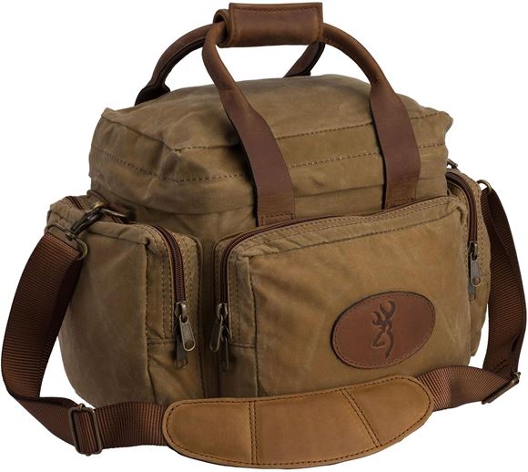 Picture of Browning Shooting Accessories, Bags & Pouches - Santa Fe Shooting Bag, Padded Leather Shoulder Strap And Handles,Large Zippered And Compartmentalized Interior Holds 16 Boxes of Shells, Four Zippered Exterior Accessory Pockets, 10oz Wax Cotton Canvas w/ C