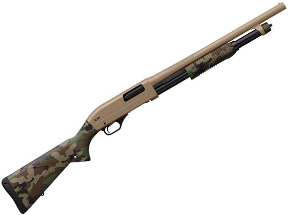 Picture of Winchester SXP Woodland Defender Pump Action Shotgun - 12Ga, 3", 18", Chrome Plated Chamber & Bore, Dark Earth, Matte Aluminum Alloy Receiver, Woodland Composite Stock, 5rds, TruGlo Fiber-Optic & Brass Bead Front Sight