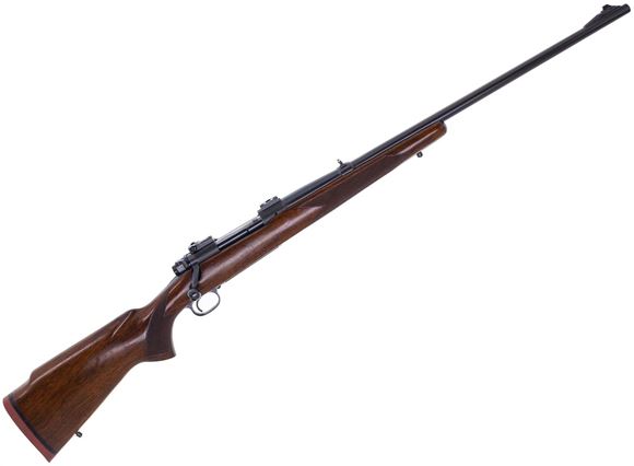 Picture of Used Winchester Model 70 Pre 64 Bolt Action Rifle, 338-06 A-Square, Original Barrel Bored by RKS Alberta, Iron Sights, Walnut Stock, Leupold STD Bases, Good Condition