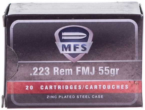 MFS Rifle Ammo - 223 Rem, 55Gr, FMJ, Zinc Plated Steel Case, 20rds Box ...