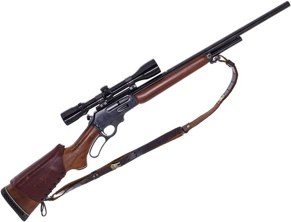 Picture of Used 444SS Marlin Lever Action Rifle, 444 Marlin, 21.75" Blued Barrel, Wood Stock, Bushnell ScopeChief 4x40 Wide Angle Scope, Leather Cheek Riser & Sling, Hammer Extension, DLASK Trigger Job, Reloading Dies, Brass and Bullets, Good Condition