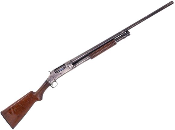 Picture of Used Winchester Model 1897 Slide Action Shotgun - 16-Gauge, 28'' Fixed Modified Barrel & Bead Sight, Bluing Worn, Wood Stock (Scratched & Letter "H" Carved into stock, 1907 Production, Fair Condition