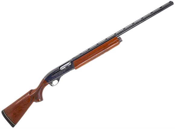 Picture of Used Remington Model 1100 Magnum Semi Auto Shotgun - 12ga, 3", 26", Worn Blued & Minor Pitting on Receiver, Engraving, Wood Stock, Cracked Forend, Fixed Full, Otherwise Fair Condition