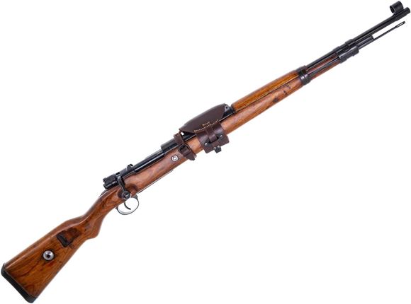 Picture of Used Mauser K98 Bolt-Action 8x57mm, 24" Barrel, Full Military Wood, 1936 S/237 Code, Re-Blued, Peened Waffenampts, Some Parts Mismatched, Checkered Buttplate, With Reproduction Leather Sight Cover, Good Condition