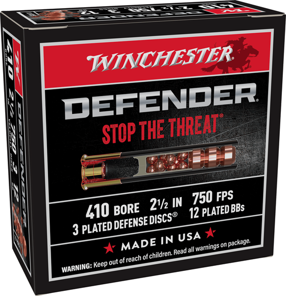 Picture of Winchester Defender Shotgun Ammo - 410, 2-1/2", 3 Plated Defense Discs, 12 Plated BB's, 750 FPS, 10 rds Box