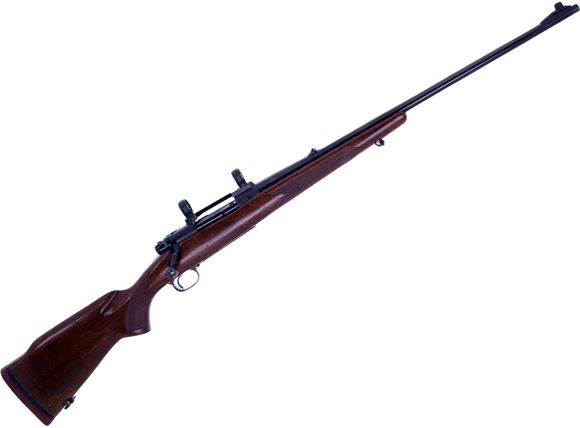 Picture of Used Winchester Model 70 Pre '64 Bolt-Action Rifle, 338 Win Mag, 25",  Blued, walnut Stock, With Iron Sights, Burris 1" Rings, Very Good Condition