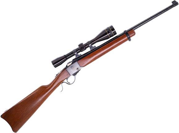 Picture of Used Ruger No. 3 Single Shot Rifle, 22 Hornet, 21" Blued Barrel, Leupold M8 8X Scope, Removed Rear Sight, Straight Stock,