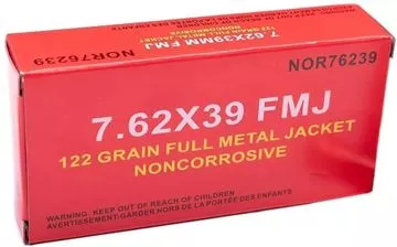 Picture of Norinco Rifle Ammunition - 7.62x39, 122Gr, FMJ, Non-Corrosive Commercial Ammo, Copper Washed Steel Case, Bimetal Jacket, 20rds Red Box