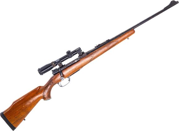 Picture of Used Custom Mauser Bolt-Action Rifle, 270 Win, 22" Barrel, Blued, Wood Stock, Higgins Mod 50 Barrel, Action Bedded, Replacement Recoil Pad, Tradewinds 1.5-4X riflescope Locked At 4 Power, 1 Detachable Parker Hale Magazine, Good Condition