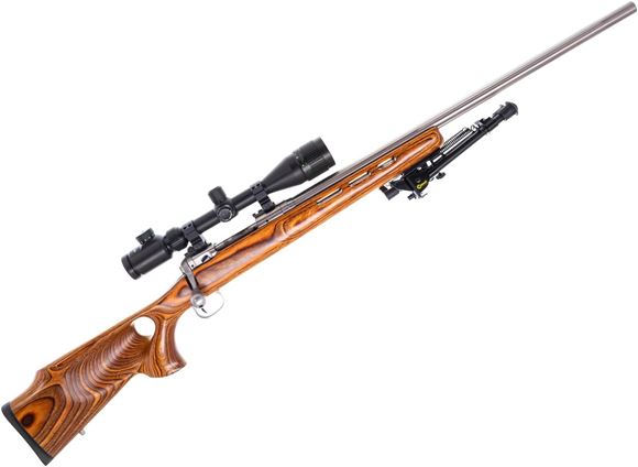 Picture of Used Savage Model 12 BTCSS Bolt Action Rifle, 22-250 Rem, 26" Stainless Fluted Heavy Barrel, Laminate Thumbhole Stock, Tasco 2.5-10 AO Scope, Bubble Level, Bi-Pod, Good Condition