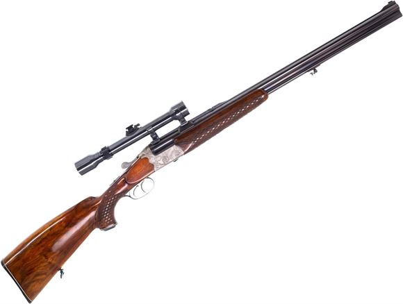 Picture of Used Vincenz Urbas Ferlach Combination Gun, 16Ga/7x57R, 2-3/4", 25.5" Barrel, Blued, Wood Stock, Engraved Receiver, Basket Weave Checkering, Double Trigger, Hensoldt Dialytan 4X Riflescope, Fixed Full Choke, Good Condition