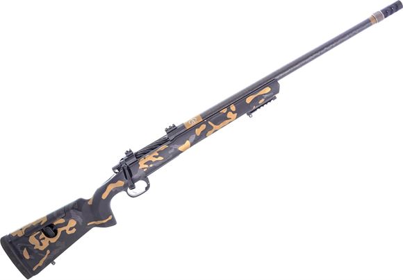 Picture of Snowy Mountain Rifle Model 3600 Long Range Hunter, Bolt Action Rifle - 7mm PRC, 22" Carbon Fiber Barral 5/8-24'' Threaded, Black With Gold Camo PSE Carbon Fiber Stock With Adjustable Comb, Snowflake Self Timing Muzzle Brake, Custom Pelican 1750 Case, 3rds