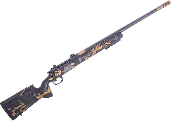 Picture of Snowy Mountain Rifle Model 3600 Alpine Hunter, Bolt Action Rifle - 300 PRC, 22" Carbon Fiber Barral 5/8-24'' Threaded, Black With Gold Camo Manners Hunt Stock, Snowflake Self Timing Muzzle Brake, Custom Pelican 1750 Case, 3rds