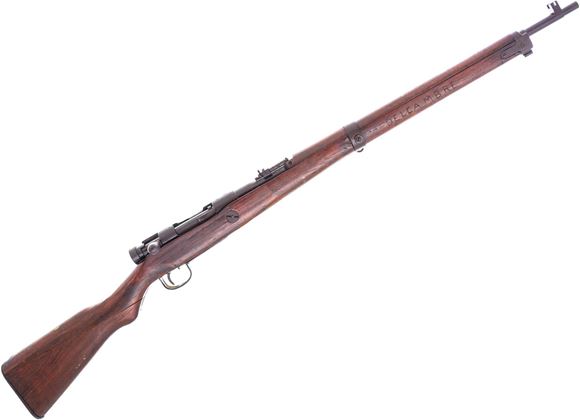 Picture of Used Arisaka Type 99 Bolt-Action Rifle, 7.7 Japanese, 26" Barrel, Blued, Full Military Wood Stock, Chrysanthemum Intact, Nagoya Factory, Delacambre Carved In Handguard, Fair Condition