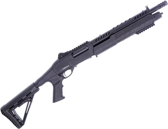 Picture of Used Canuck Commander Pump-Action Shotgun, 12 Ga, 14" Barrel, Blued, Black Synthetic Stock, Ghost Ring Sight, Heat Shield, Choke Set (F, M, Cyl) & Breecher Choke, Good Condition