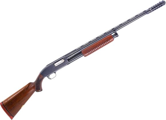 Picture of Used JC Higgens Model 20 Pump-Action Shotgun, 12Ga, 2-3/4", 22" Barrel, Blued, Wood Stock, Vented Rib, Power Pac Muzzle Brake, "Medium Range" Power Pac Choke, Good Condition