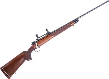 Picture of Used Custom Mauser K98 Sporter Bolt-Action Rifle, 30-06 Sprg, 24" Barrel, Blued, Wood Stock, Replaced Barrel, 1" Leupod Rings, Mod 70 Saftey, Bedded Action, timney Trigger, Mershon Co Recoil Pad, Very Good Condition