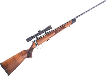 Picture of Used CZ452-2E ZKM Farewell Edition Bolt-Action Rifle, 22LR, 22" Barrel, Blued, Wood Stock, Engraved Receiver, Leupold FX-I Rimfire 4x28mm Riflescope, Original Box, 1 Magazine, Very Good Condition