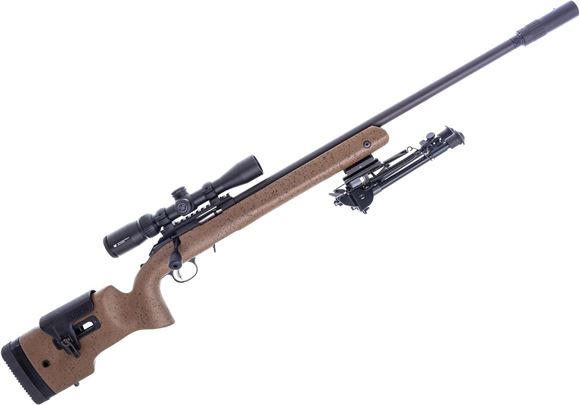 Picture of Used Ruger American Rimfire Bolt-Action Rifle, 22LR, 22" Heavy Barrel, Tan Target Stock, Vortex Crossfire II 2-7x32 Riflescope, Barrel Tuner, Bipod, Dlask Muzzle Brake, 5 Magazines, Very Good Condition