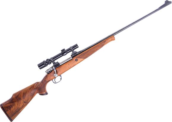 Picture of Used Parker Hale 1200 Deluxe Bolt-Action Rifle, 243 Win, 24" Barrel, Blued, Wood Stock, Bushnell Banner II 1.5-4 Riflescope, Engraved Floorplate, Rear Sight Removed, Missing Swivel Studs, Good Condition