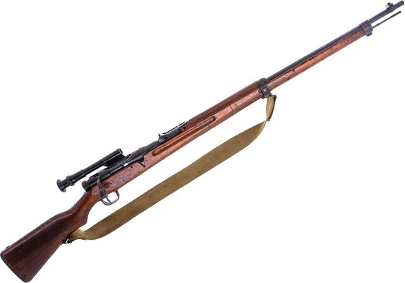 Picture of Used Arisaka Type 97 Bolt-Action Sniper Rifle, 6.5x50 Japanese, 31.4" Barrel, Full Military Wood Stock, 2.5X Riflescope, Nagoya Arsenal Mfg, Canvas Sling, Chrysanthemum Intact, Numbers Matching Except Scope, Good Condition