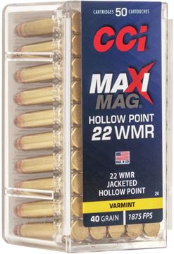 Picture of CCI 0024 Maxi Mag HP Rimfire Ammo 22 WIN MAG, JHP, 40 Grains, 1875 fps, 50 Rounds, Boxed