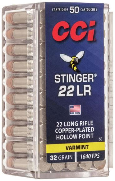 Picture of CCI Varmint Rimfire Ammo - Stinger, 22 LR, 32Gr, CPHP, 50rds Box, 1640fps