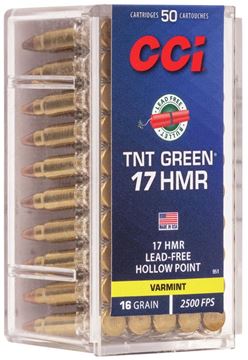 Picture of CCI 0951 TNT Green Rimfire Ammo 17 HMR, HP, 16 Grains, 2500 fps, 50 Rounds, Boxed