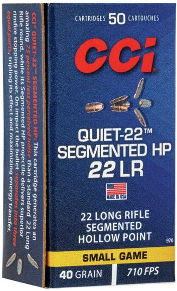 Picture of CCI 0970 Quiet-22 Segmented HP Rimfire Ammo 22 LR, CPRN, 40 Grains 710 fps, 50 Rounds, Boxed