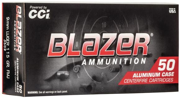 Picture of CCI 3509 Blazer Centerfire Pistol Ammo 9mm Luger 115Gr 50Rnd FMJ Blazer