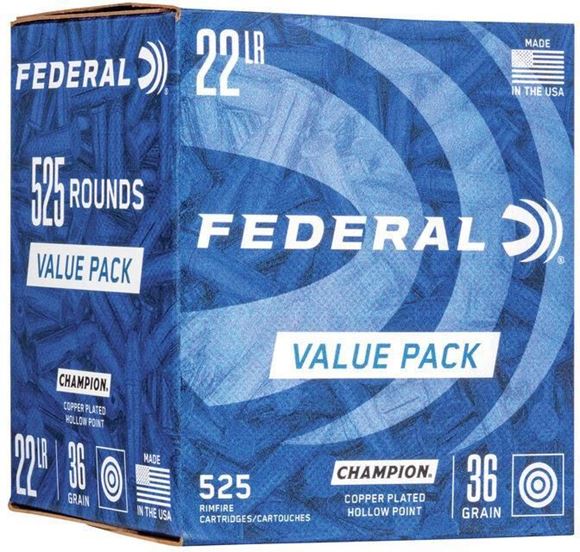 Picture of Federal 745 Champion Rimfire Rifle Ammo 22 LR, Copper Plated HP, 36 Grains, 1260 fps, 525 Rounds, Boxed