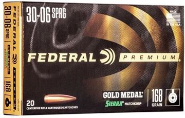 Picture of Federal GM3006M Gold Medal Rifle Ammo 30-06 SPR, SMK BTHP, 168 Grains, 2700 fps, 20, Boxed