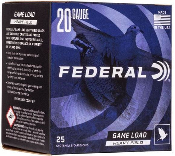 Picture of Federal H202 8 Game-Shok Upland - Heavy Field Shotshell 20 GA, 2-3/4 in, No. 8, 1oz, 2-1/2 Dr, 1165 fps, 25 Rnd per Box