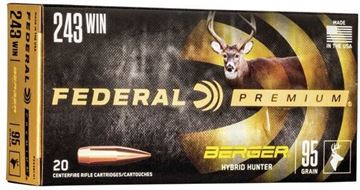 Picture of Federal P243BCH1 Premium Berger Hybrid Hunter Rifle Ammo, 243 WIN 95 Grains, 3050fps, 20, Boxed