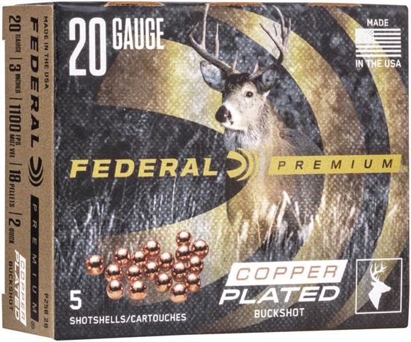 Picture of Federal Premium Shotgun Ammunition - 20ga, 3", 2 Buck, 18 Pellets, Copper-Plated, 1100fps, 5rds Box