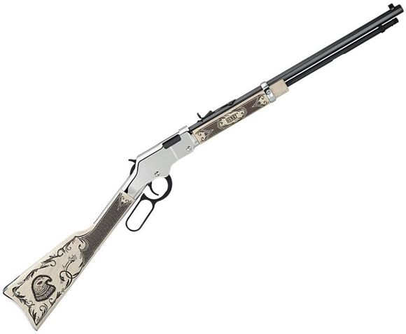 Picture of Henry H004AE Lever Action Rifle 22 LR American Eagle Ivory/Walnut Engraved, Silver Receiver 20" 16+1