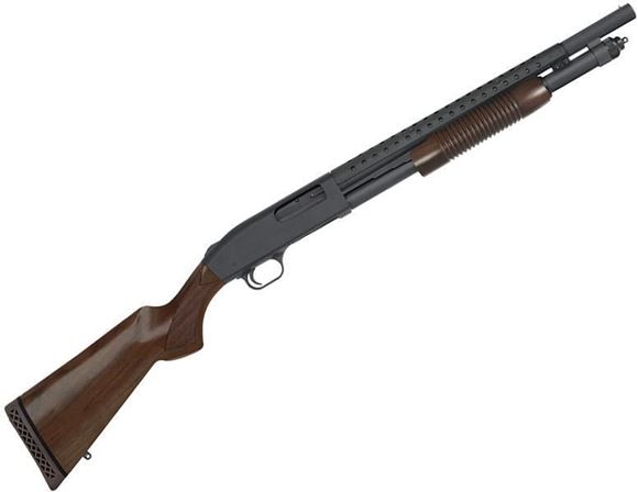 Picture of Mossberg 590 Retrograde Pump Action Shotgun - 12Ga, 3", 18.5", Barrel w/ Heat Shield, Parkerized, Walnut Stock, 7 rds, Bead Sight, Fixed Cylinder