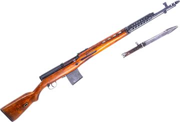 Picture of Used Tokarev SVT-40 Semi-Auto Rifle, 7.62x54R, 26.5" Barrel, Blued, Full Military Wood Stock, Known Sniper Serial Number, 4 Port Brake, AVT Stock, Parade & Standard Bayonet, Sling, Repro Scope & Mount, 2 Magazines, Hard Case, Good Condition