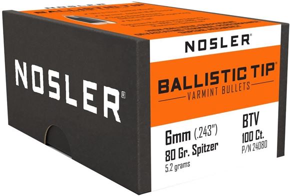 Picture of Nosler 24080 Rifle Bullets 6mm 80Gr Ballistic Tip Varmit Spitzer/Purple Tip .243 100Bx