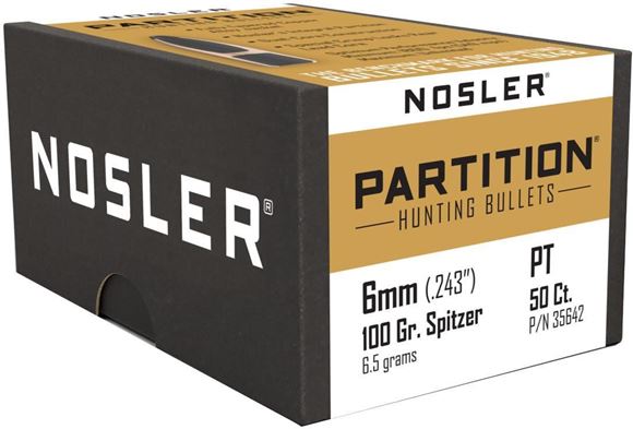 Picture of Nosler 35642 Rifle Bullets 6mm 100Gr Partition Spitzer .243 50Bx