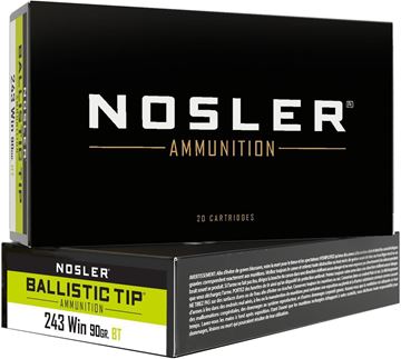 Picture of Nosler 40050 BT Ballistic Tip Rifle Ammo 243 WIN, Hunting, 90 Grains 3000 fps, 20, Boxed