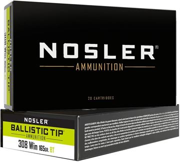 Picture of Nosler 40063 BT Ballistic Tip Rifle Ammo 308 WIN, Hunting, 165 Grains 2800 fps, 20, Boxed