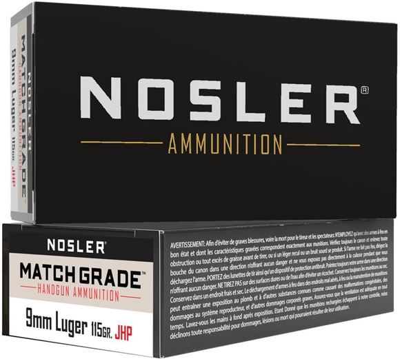 Picture of Nosler 51017 Match Grade Handgun Ammo 9MM, JHP, 115 Gr, 1170 fps, 50 Rnd, Boxed