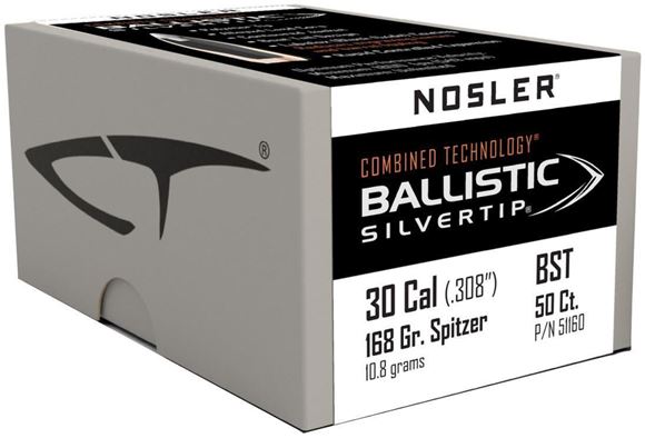 Picture of Nosler 51160 Rifle Bullets 30Cal 168Gr Ballistic Silvertip Spitzer .308 50Bx