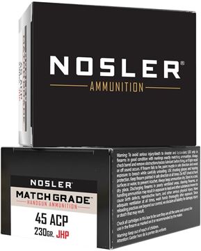 Picture of Nosler 51277 Match Grade Handgun Ammo 45 ACP, JHP, 230 Gr, 850 fps 20 Rnd, Boxed