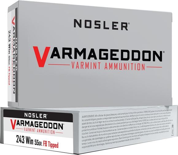 Picture of Nosler 65165 Varmageddon Rifle Ammo 243 WIN, FB Tipped, 55 Grains, 3800 fps, 20, Boxed