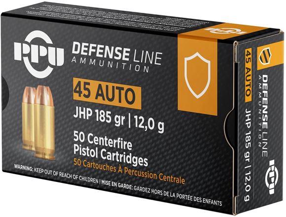 Picture of PPU PPD45 Defense Pistol Ammo 45 ACP, JHP, 185 Gr, 50 Rnd