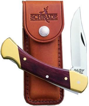 Picture of Uncle Henry LB7 Bear Paw Lockback Folding Pocket Knife, 3.7" Clip Point Blade, Wood Handles, Brown Leather Belt Sheath